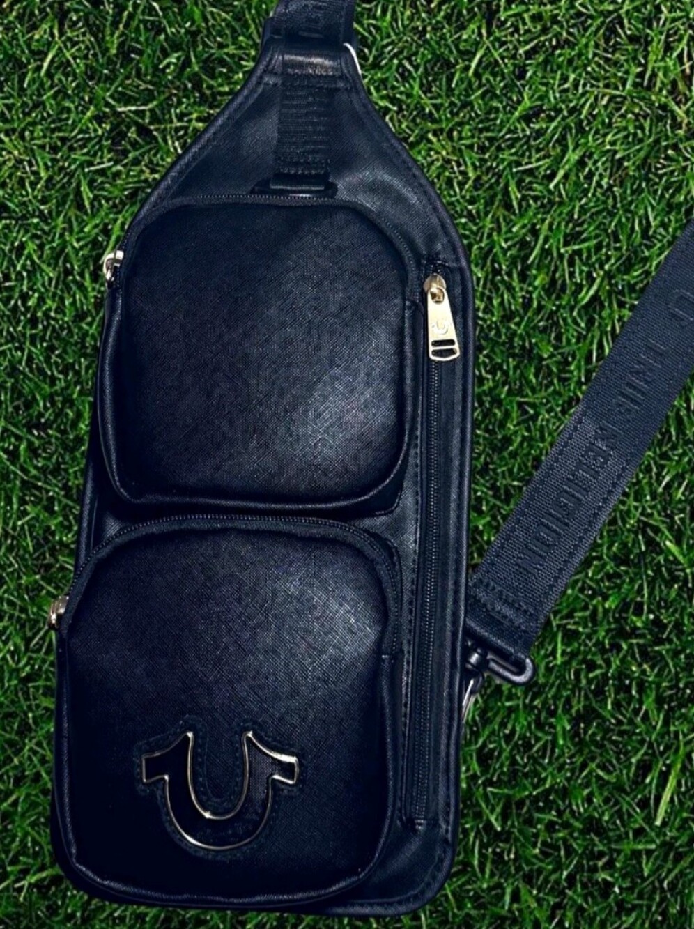 True Religion Black Leather Crossbody Sling Bag with Gold Horseshoe